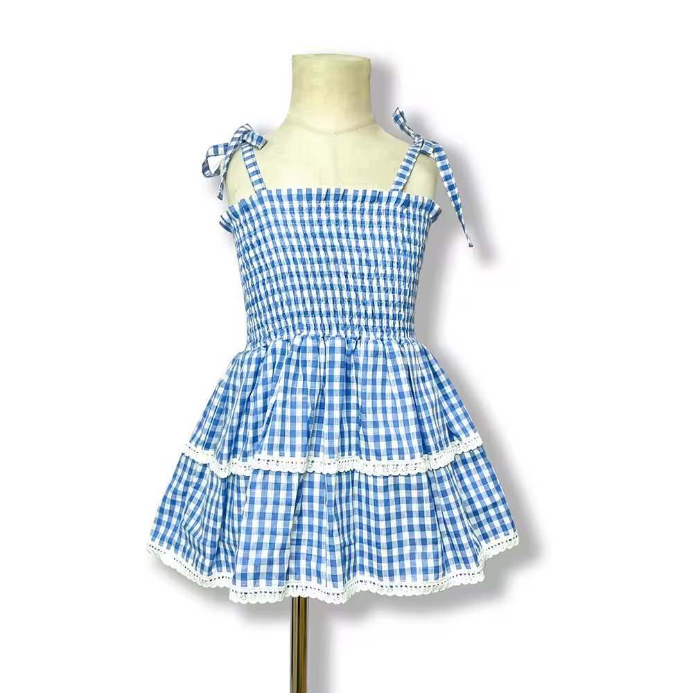 Blue Check Tunic Dress With White Crochet Lace