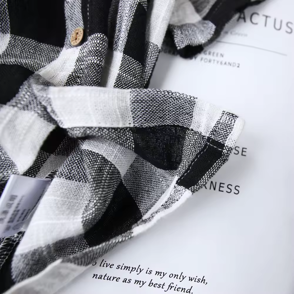 Short Sleeves Casual Shirts Cotton Linen Clothes Plaid Shirt - Image 4