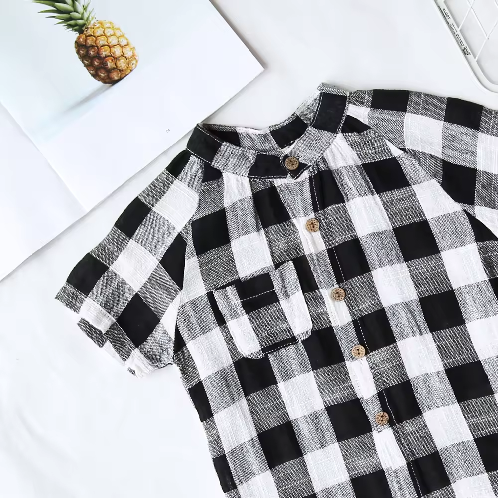 Short Sleeves Casual Shirts Cotton Linen Clothes Plaid Shirt - Image 3