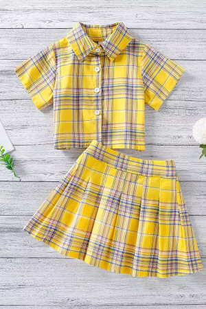 kids girls summer plaid two pieces blouse and skirt