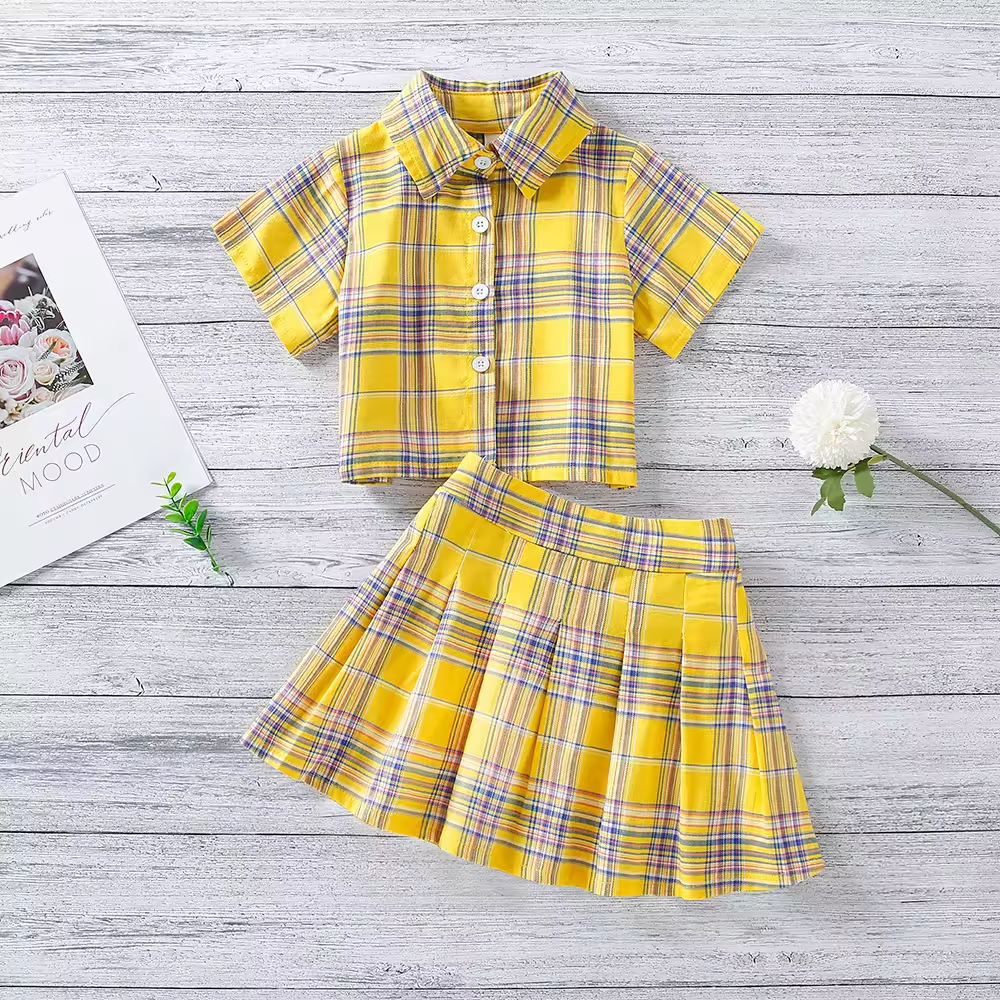 kids girls summer plaid two pieces blouse and skirt