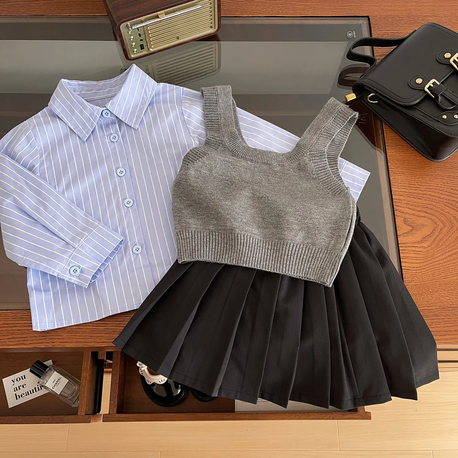 Knitted vest shirt skirt 3pcs outfit Children black ruffle dress Clothing Set - Image 2