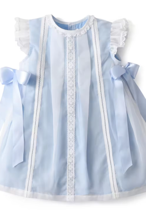 Pale Blue Tulle Dresses Girls Lace Trim Satin Bow Dress