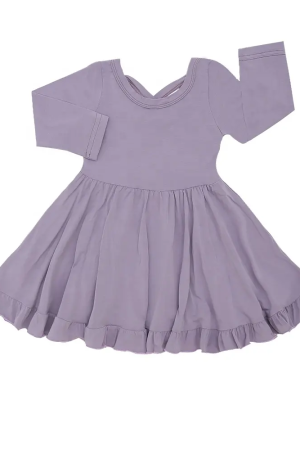 Kids Clothes with Ruffle Bow O-Neck Plain Color Girls Sleeveless Dress