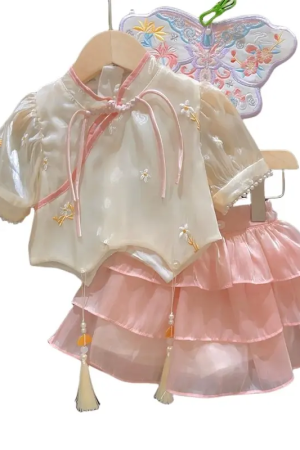 New Button Short sleeved Small Shirt Half skirt Girl's Set