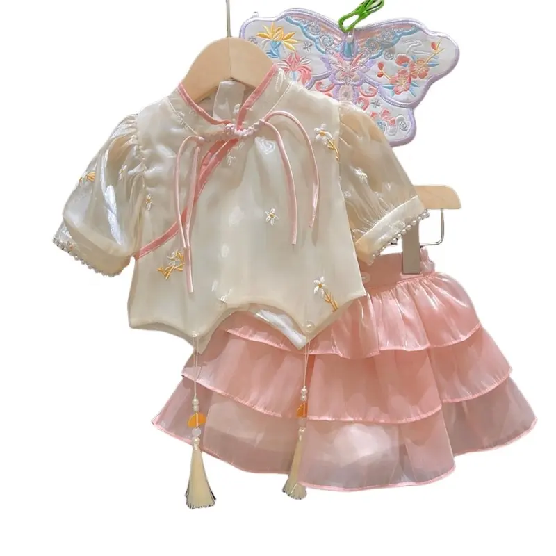 New Button Short sleeved Small Shirt Half skirt Girl's Set