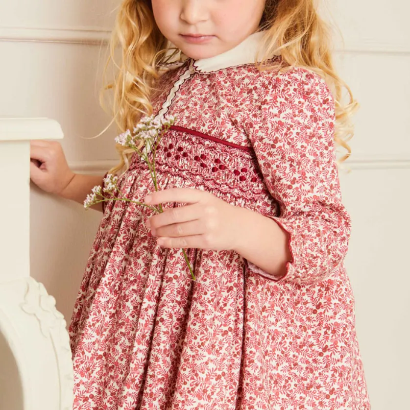 Floral Pattern Hand Smocked Long Sleeve Kids Dress - Image 4