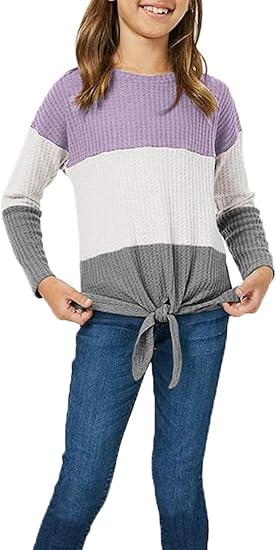 Girls Waffle Colorblock Tie Top Long Sleeve Casua T Shirt