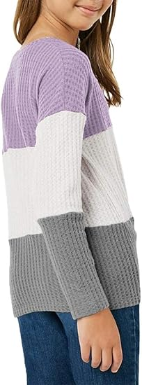 Girls Waffle Colorblock Tie Top Long Sleeve Casua T Shirt - Image 2